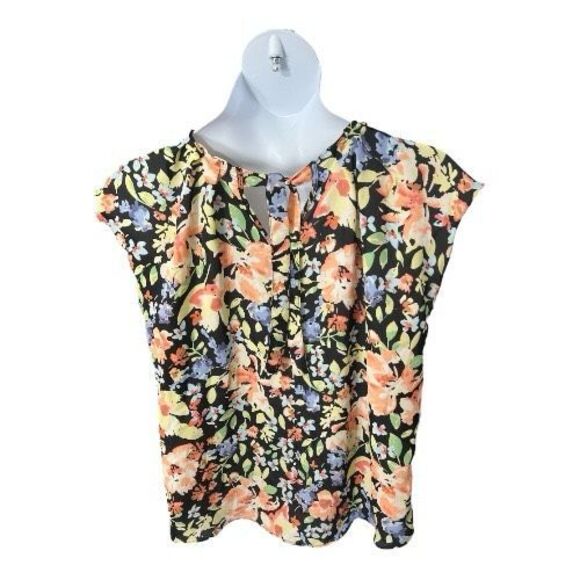 LC Lauren Conrad Women Pleat Neck Blouse Plus Size XXL Black Multicolor Floral - Picture 6 of 11